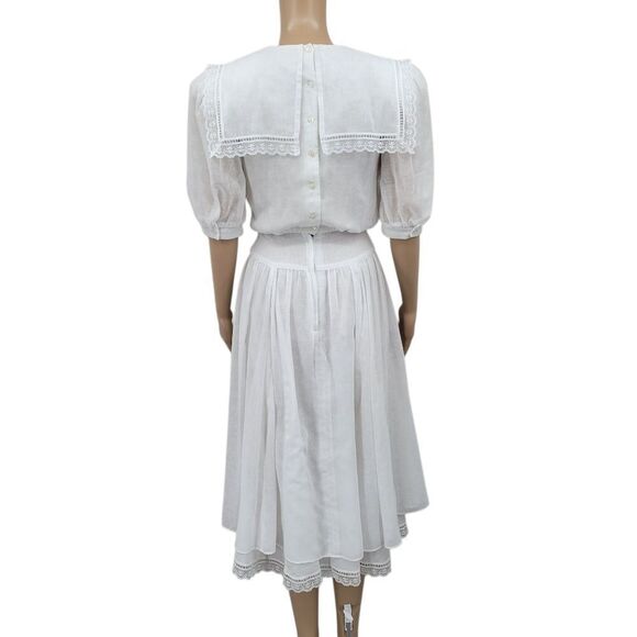 Gunne Sax Vintage White Dress with Lace Collar and Bow - Picture 3 of 16